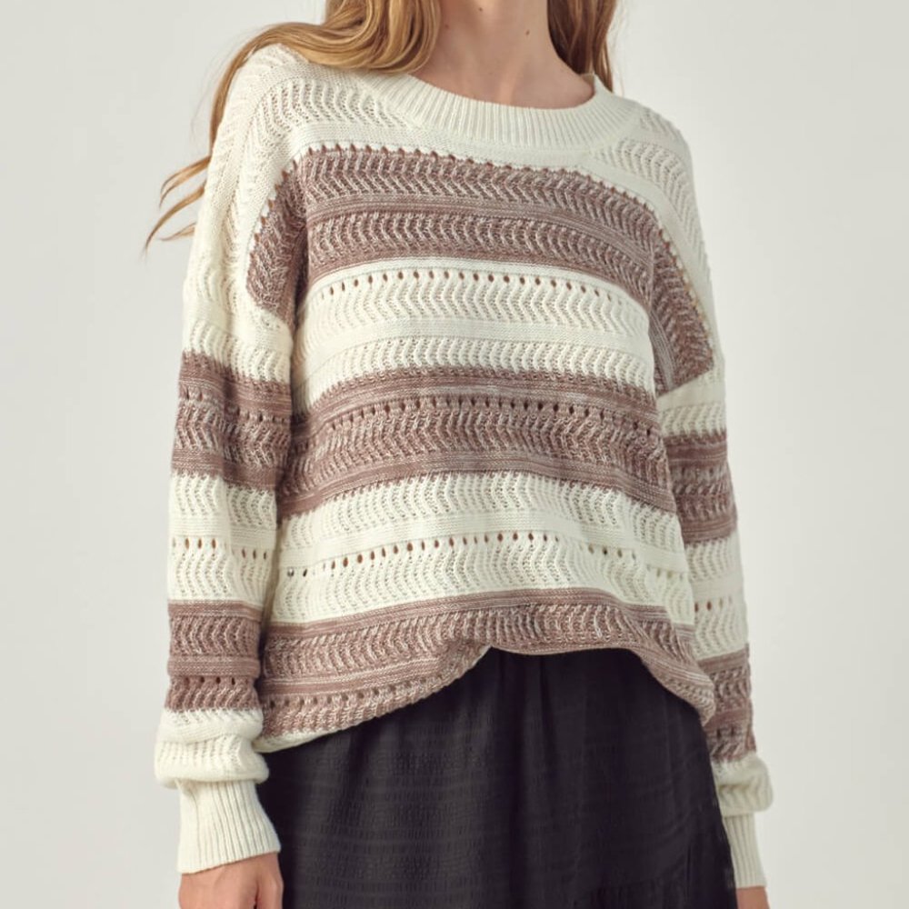 Petal Dew Striped Openwork Drop Shoulder Sweater